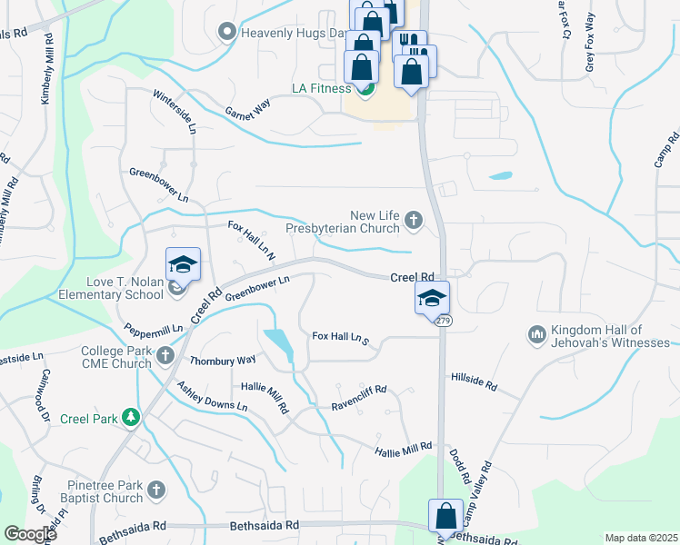 map of restaurants, bars, coffee shops, grocery stores, and more near 7080 Greenbower Lane in Atlanta