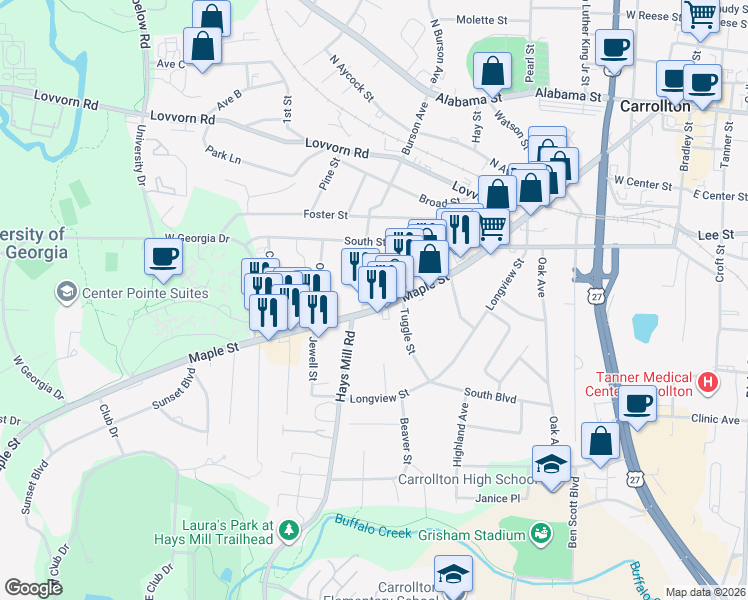 map of restaurants, bars, coffee shops, grocery stores, and more near in Carrollton