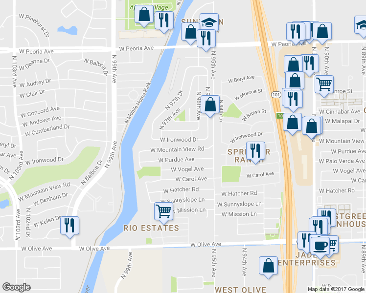 map of restaurants, bars, coffee shops, grocery stores, and more near 9609 West Mountain View Road in Peoria