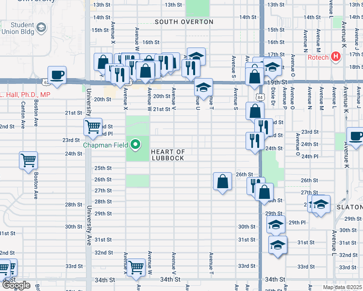 map of restaurants, bars, coffee shops, grocery stores, and more near 2114 24th Street in Lubbock