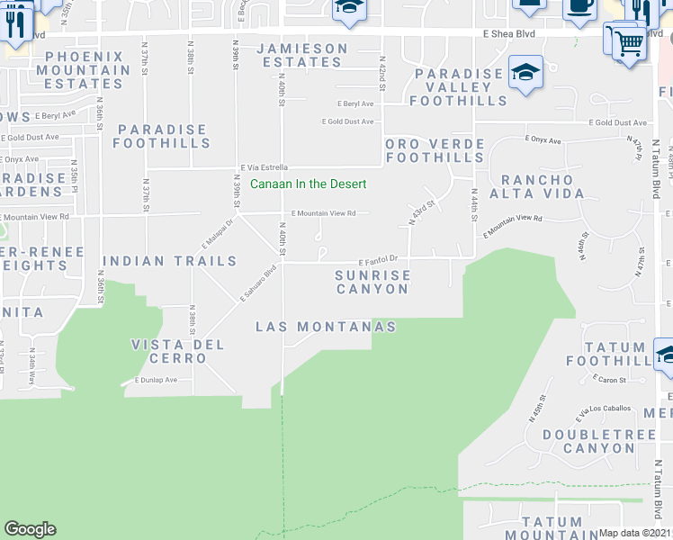 map of restaurants, bars, coffee shops, grocery stores, and more near 4101 East Fanfol Drive in Phoenix