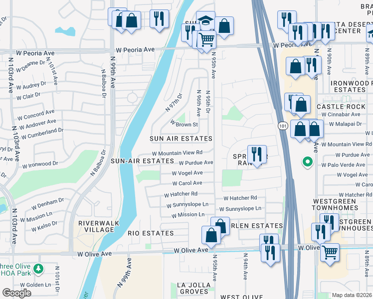 map of restaurants, bars, coffee shops, grocery stores, and more near 9609 West Mountain View Road in Peoria