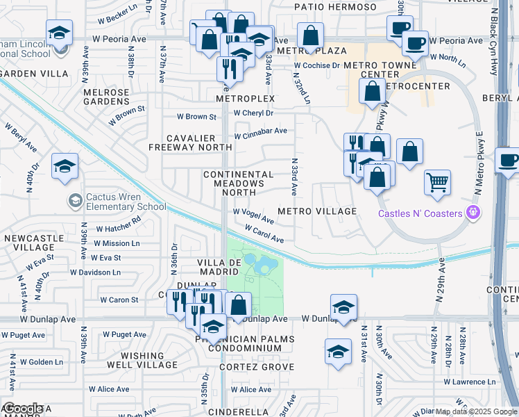map of restaurants, bars, coffee shops, grocery stores, and more near 9610 North 34th Avenue in Phoenix