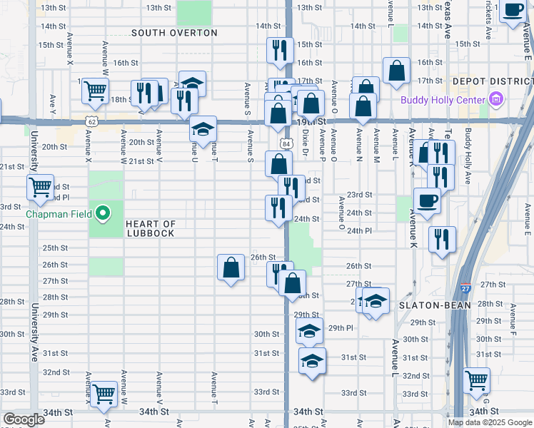 map of restaurants, bars, coffee shops, grocery stores, and more near 1709 24th Street in Lubbock