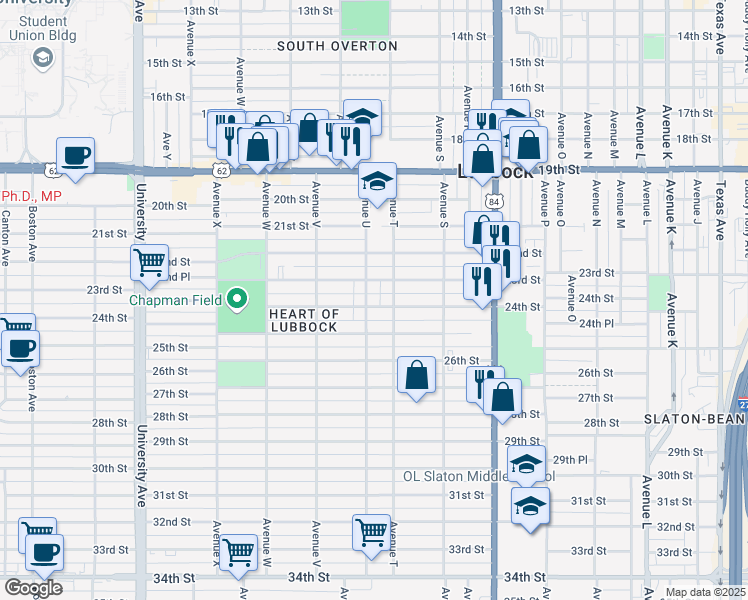 map of restaurants, bars, coffee shops, grocery stores, and more near 2010 24th Street in Lubbock