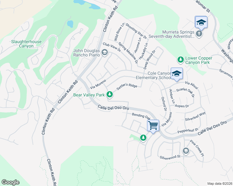 map of restaurants, bars, coffee shops, grocery stores, and more near 42766 Settler's Ridge in Murrieta