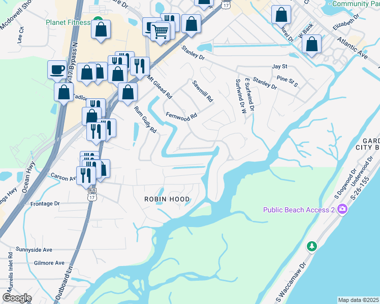 map of restaurants, bars, coffee shops, grocery stores, and more near 533 Old Field Road in Murrells Inlet