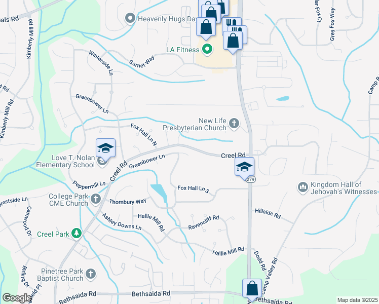map of restaurants, bars, coffee shops, grocery stores, and more near 7080 Greenbower Lane in Atlanta