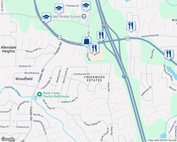 map of restaurants, bars, coffee shops, grocery stores, and more near 6650 Doublegate Lane in Rex