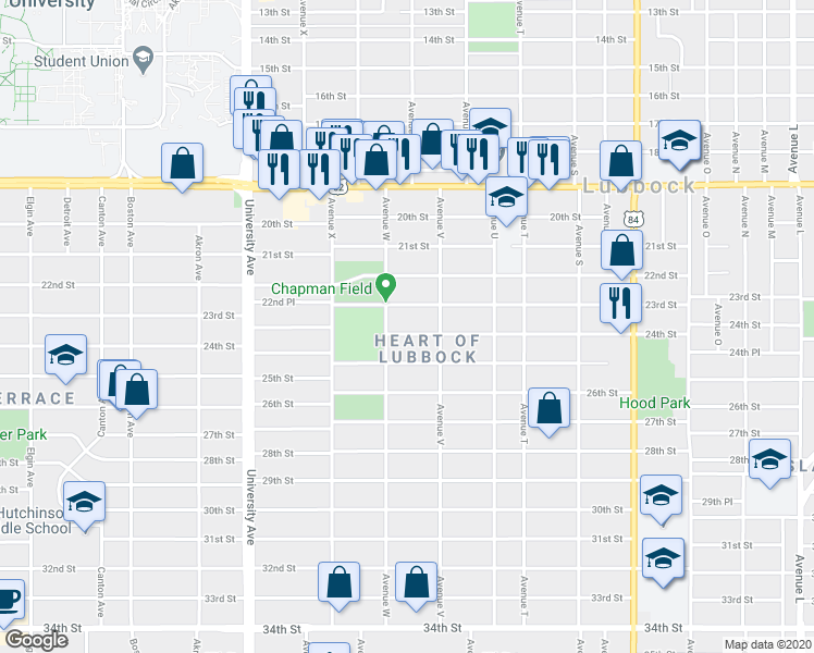 map of restaurants, bars, coffee shops, grocery stores, and more near 2216 24th Street in Lubbock