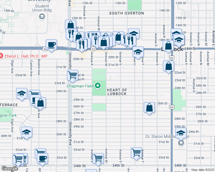 map of restaurants, bars, coffee shops, grocery stores, and more near 2224 24th Street in Lubbock