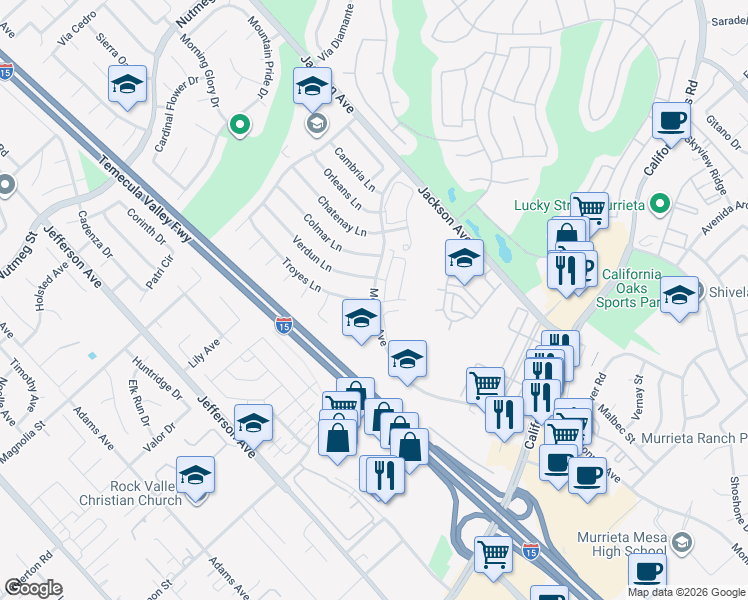 map of restaurants, bars, coffee shops, grocery stores, and more near Monroe Avenue & Troyes Lane in Murrieta
