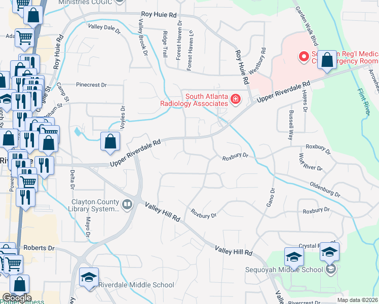 map of restaurants, bars, coffee shops, grocery stores, and more near 251 Stayman Drive in Riverdale