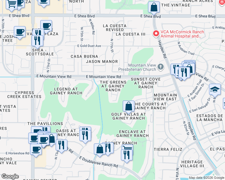 map of restaurants, bars, coffee shops, grocery stores, and more near 7525 East Gainey Ranch Road in Scottsdale
