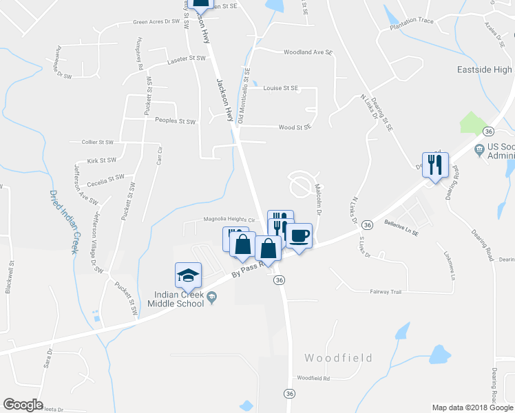 map of restaurants, bars, coffee shops, grocery stores, and more near 10135 Monticello Street in Covington