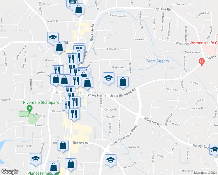 map of restaurants, bars, coffee shops, grocery stores, and more near 6630 Camp Street in Riverdale