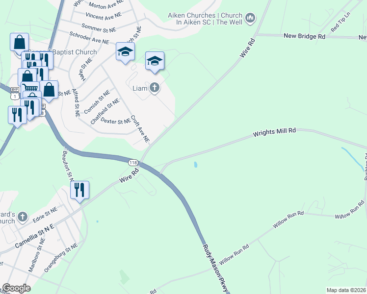map of restaurants, bars, coffee shops, grocery stores, and more near 181 Wrights Mill Road in Aiken