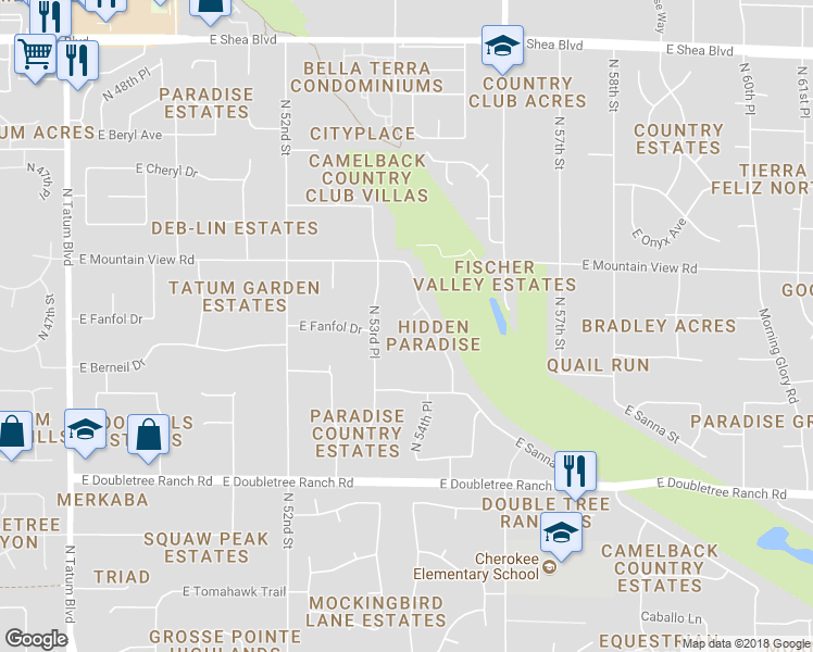 map of restaurants, bars, coffee shops, grocery stores, and more near 5423 East Fanfol Drive in Paradise Valley