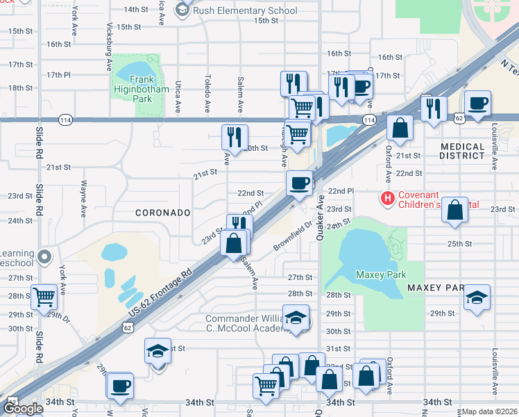 map of restaurants, bars, coffee shops, grocery stores, and more near 4442 U.S. 82 Frontage Road in Lubbock