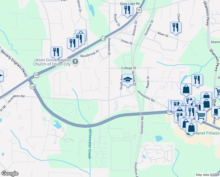 map of restaurants, bars, coffee shops, grocery stores, and more near 6689 Gresham Street in Union City