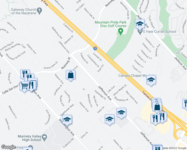 map of restaurants, bars, coffee shops, grocery stores, and more near 41477 Patri Cir in Murrieta