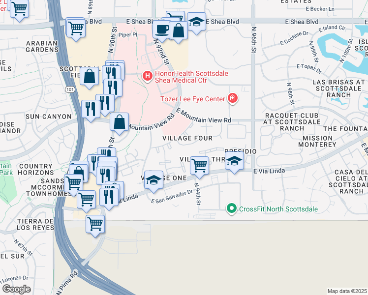 map of restaurants, bars, coffee shops, grocery stores, and more near 9125 East Purdue Avenue in Scottsdale
