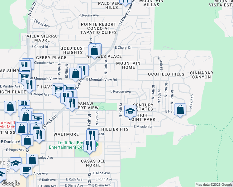 map of restaurants, bars, coffee shops, grocery stores, and more near 1332 East Carol Avenue in Phoenix