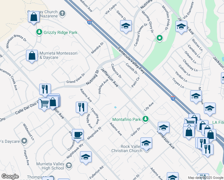map of restaurants, bars, coffee shops, grocery stores, and more near 23899 Nutwood Way in Murrieta