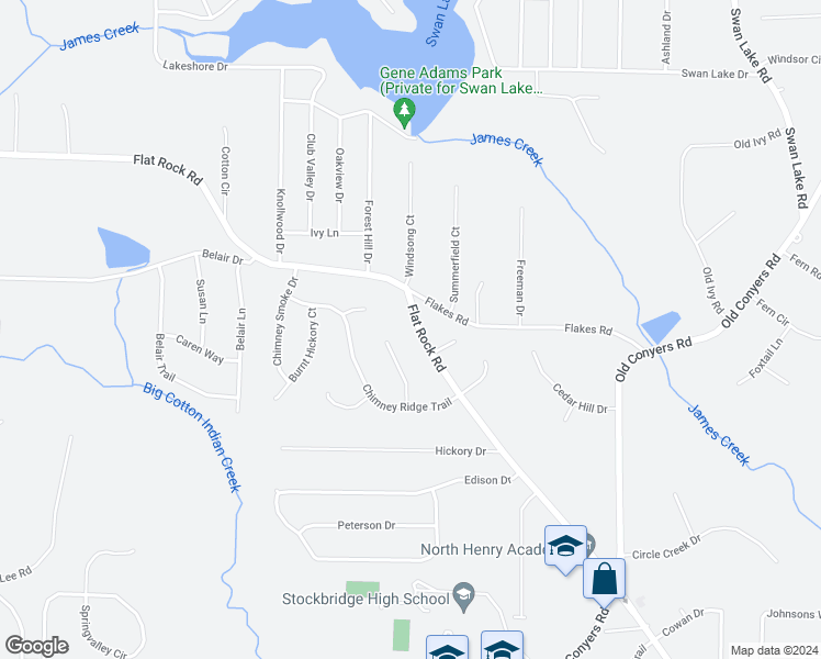 map of restaurants, bars, coffee shops, grocery stores, and more near 1421 Flat Rock Road in Stockbridge