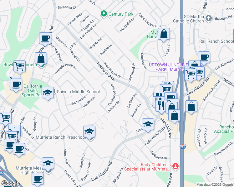 map of restaurants, bars, coffee shops, grocery stores, and more near 40053 Milkwood Lane in Murrieta