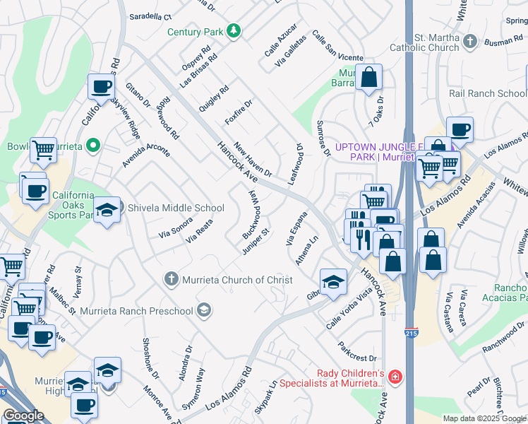 map of restaurants, bars, coffee shops, grocery stores, and more near 40053 Milkwood Lane in Murrieta