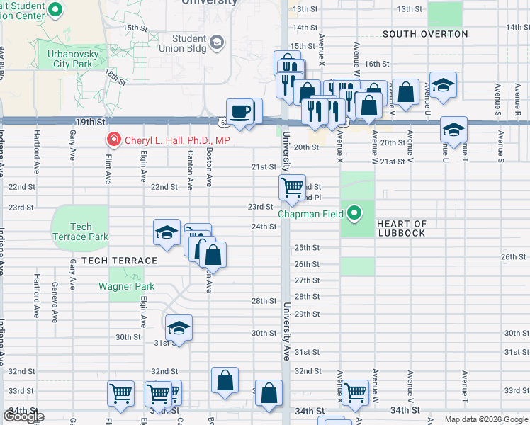 map of restaurants, bars, coffee shops, grocery stores, and more near 2522 24th Street in Lubbock