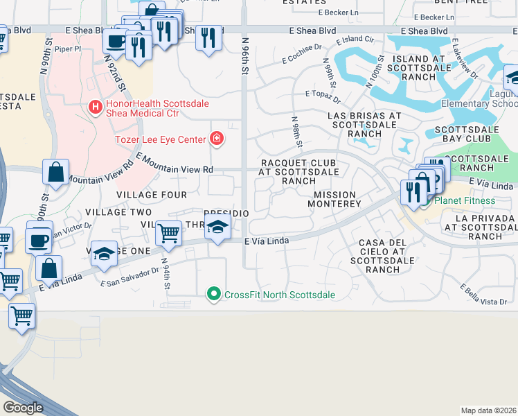 map of restaurants, bars, coffee shops, grocery stores, and more near 9705 East Mountain View Road in Scottsdale