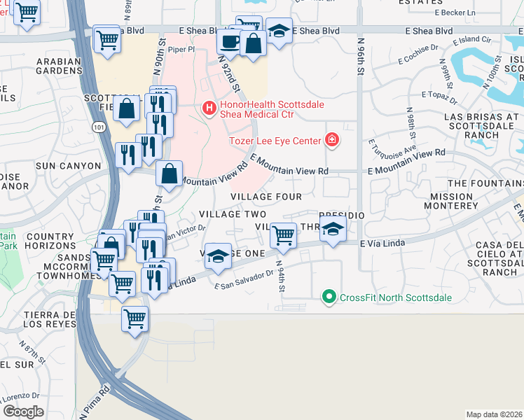 map of restaurants, bars, coffee shops, grocery stores, and more near 9125 East Purdue Avenue in Scottsdale