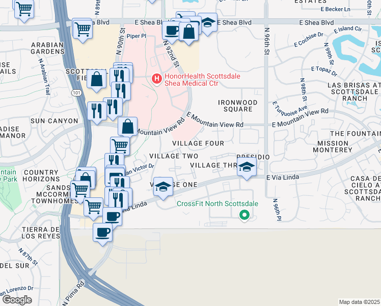 map of restaurants, bars, coffee shops, grocery stores, and more near 9125 East Purdue Avenue in Scottsdale