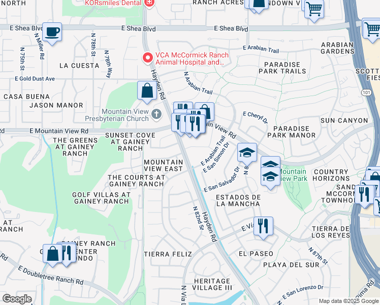 map of restaurants, bars, coffee shops, grocery stores, and more near 8250 Arabian Trail in Scottsdale