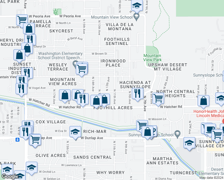 map of restaurants, bars, coffee shops, grocery stores, and more near 1109 West Vogel Avenue in Phoenix