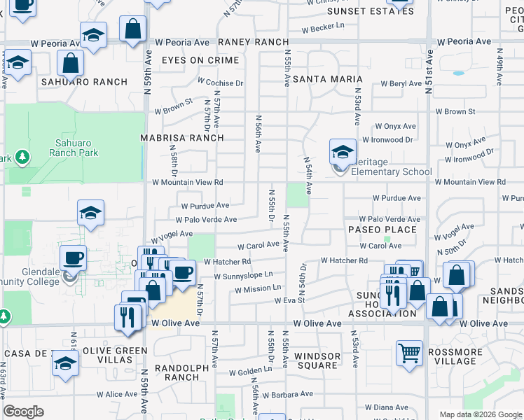 map of restaurants, bars, coffee shops, grocery stores, and more near 9615 North 56th Avenue in Glendale
