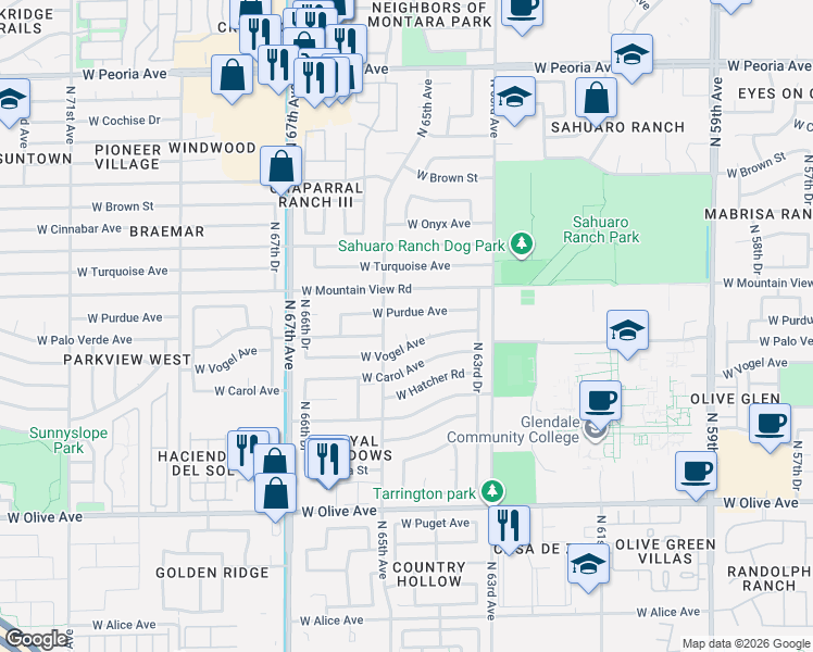 map of restaurants, bars, coffee shops, grocery stores, and more near 9450 North 64th Drive in Glendale