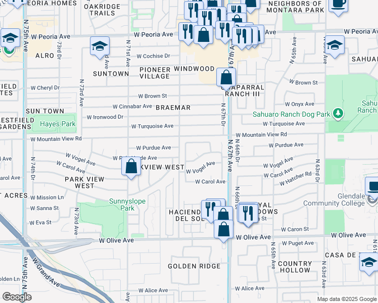 map of restaurants, bars, coffee shops, grocery stores, and more near 9756 North 68th Drive in Peoria