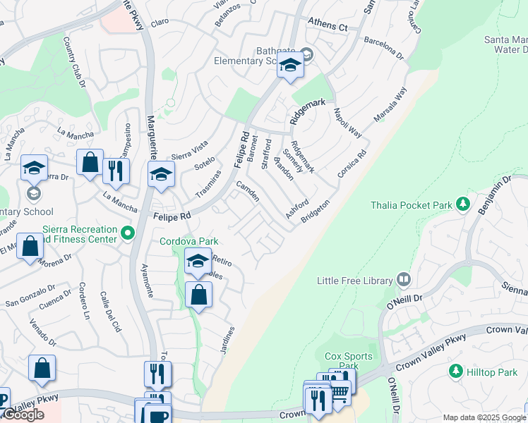 map of restaurants, bars, coffee shops, grocery stores, and more near 26840 Park Terrace Lane in Mission Viejo