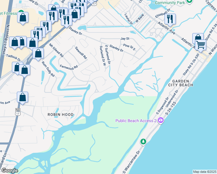 map of restaurants, bars, coffee shops, grocery stores, and more near 660 North Creekside Drive in Murrells Inlet