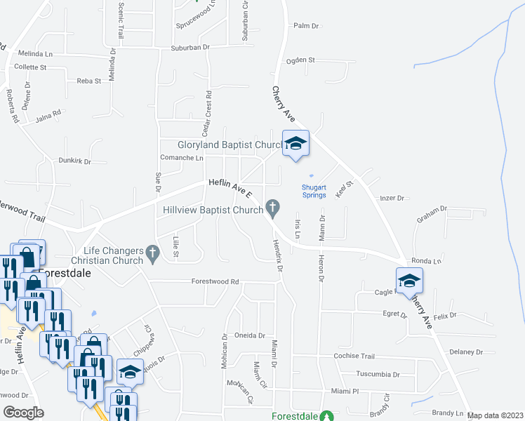 map of restaurants, bars, coffee shops, grocery stores, and more near 800 Heflin Avenue East in Birmingham