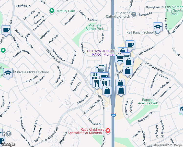 map of restaurants, bars, coffee shops, grocery stores, and more near 24850 Hancock Avenue in Murrieta