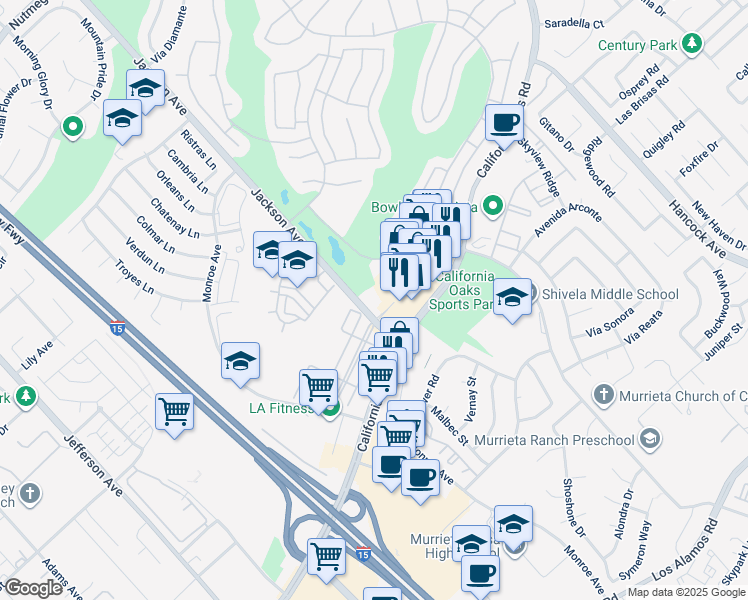 map of restaurants, bars, coffee shops, grocery stores, and more near 24350 Jackson Avenue in Murrieta