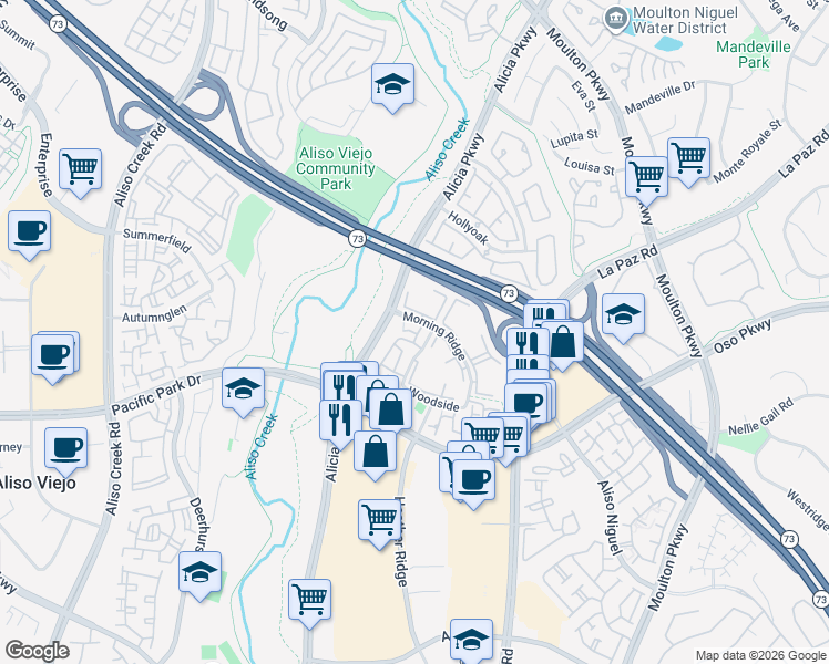 map of restaurants, bars, coffee shops, grocery stores, and more near Rambling Lane in Aliso Viejo