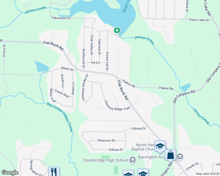 map of restaurants, bars, coffee shops, grocery stores, and more near 70 Chimney Rise Court in Stockbridge