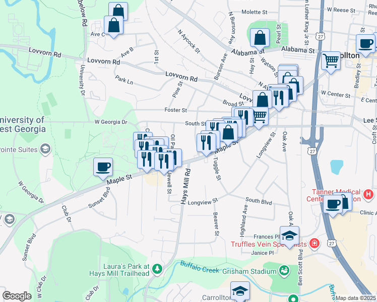 map of restaurants, bars, coffee shops, grocery stores, and more near 1027 Maple Street in Carrollton