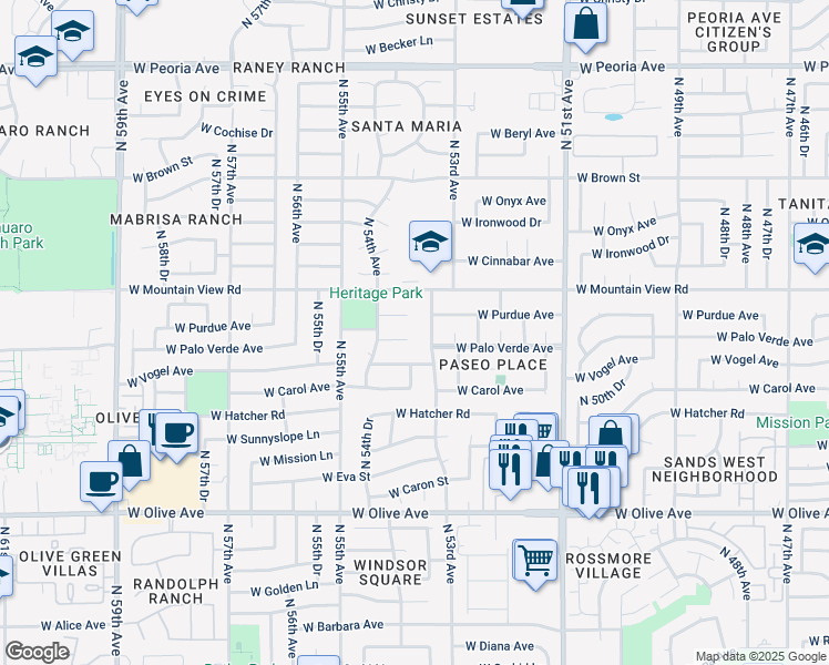 map of restaurants, bars, coffee shops, grocery stores, and more near 9608 North 53rd Avenue in Glendale