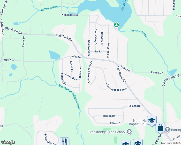 map of restaurants, bars, coffee shops, grocery stores, and more near 50 Chimney Smoke Drive in Stockbridge